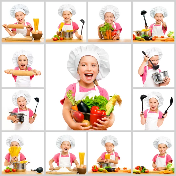 Коллаж девушка в шляпе шеф-поваров на кухне Стоковое Фото