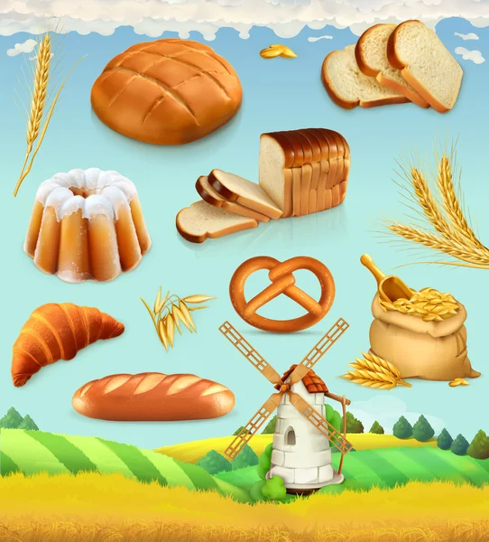 Farm. Wheat and bread. Food 3d vector set Лицензионные Стоковые Иллюстрации